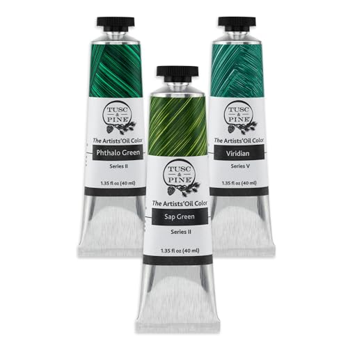Tusc & Pine Artist Oil Paint - 40 ml Set of 3- Assorted Green Colors - Non-Yellowing, Rich & Creamy Consistency, Maximum Pigment Load, Small Batch Milled Oil Paints Developed for Professional Artists - color: Green, size: 1 Count (Pack of 3)