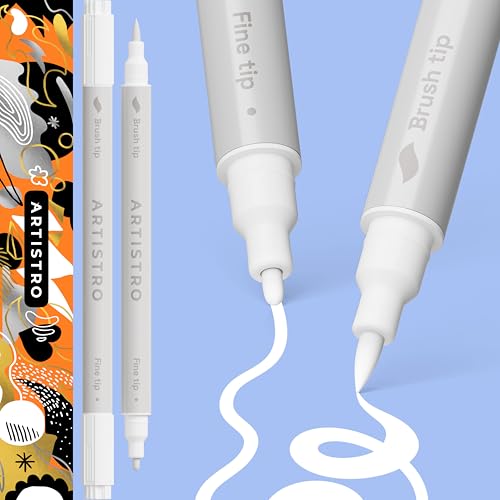 ARTISTRO 2 White Dual-Tip Acrylic Paint Pens - Multisurface Markers for Glass, Rock, Fabric, Wood, Plastic & More - 1 mm Fine & Brush Tips - color: White, style: Dual Tip Brush + Fine