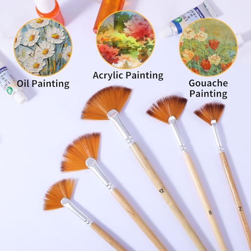 Prasacco 5 Pieces Fan Brush for Painting, Oil Acrylic Paint Brushes Artist Fan Brushes Nylon Hair Long Wood Handle Painting Brush for Acrylic Watercolor Oil Gouche Painting (2/4/6/8/10#) - color: Light Brown