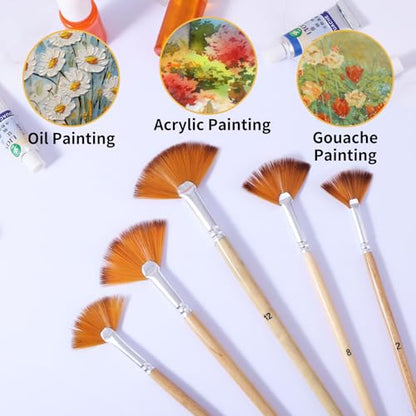 Prasacco 5 Pieces Fan Brush for Painting, Oil Acrylic Paint Brushes Artist Fan Brushes Nylon Hair Long Wood Handle Painting Brush for Acrylic Watercolor Oil Gouche Painting (2/4/6/8/10#) - color: Light Brown