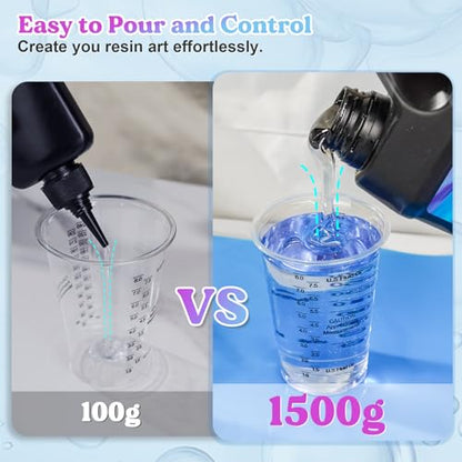 LET'S RESIN UV Resin, 1500g Odorless, Low Shrinkage, Clear Ultraviolet Epoxy Resin with Silicone Measuring Cups, for Jewelry, Molds, Craft Decoration - size: 1500g