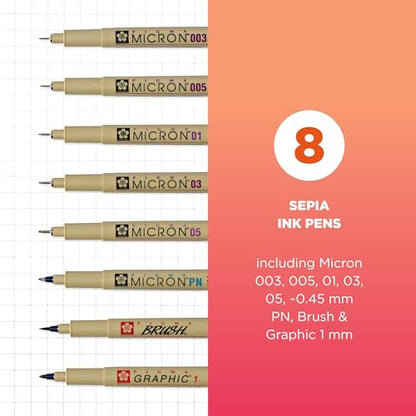 SAKURA 50048 Pigma All Sepia, Ass't Pont Sizes, 8PC Set Fine Tip Pen, 8CT, 8 Count - style: Assorted Point Sizes
