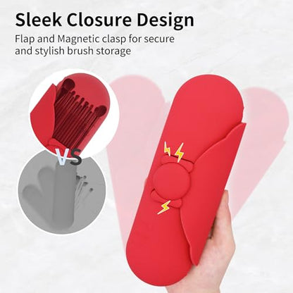 Travel Makeup Brush Holder with Cleaning Pad -Silicone Brush Organizer Case, Magnetic Closure Waterproof Cosmetic Bag for Easy Storage & On-the-Go Cleaning (9.05 Inch) - color: Red