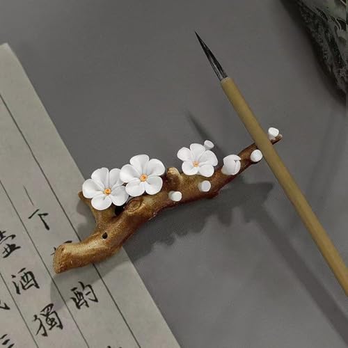 Ceramic Brush Holder Flower Brush Pen Rest Paperweight for Handwritting Practice Inks Painting - color: White Plum Blossom Pen Holder, size: 16*9*4CM