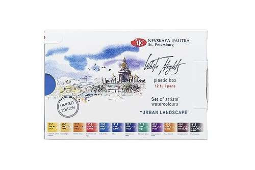 White Nights Watercolor Artists Grade Paint Set Urban, 12 full pans 2.5ml, In Plastic Case by Nevskaya Palitra