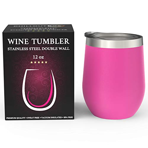 CHILLOUT LIFE 12 oz Stainless Steel Wine Tumbler with Lid - Double Wall Vacuum Insulated Wine Cup Glass Keeping Cold & Hot for Coffee, Champagne, Cocktails, Ice Cream - Powder Coated Pink - color: Hot Pink, style: 1 Pack