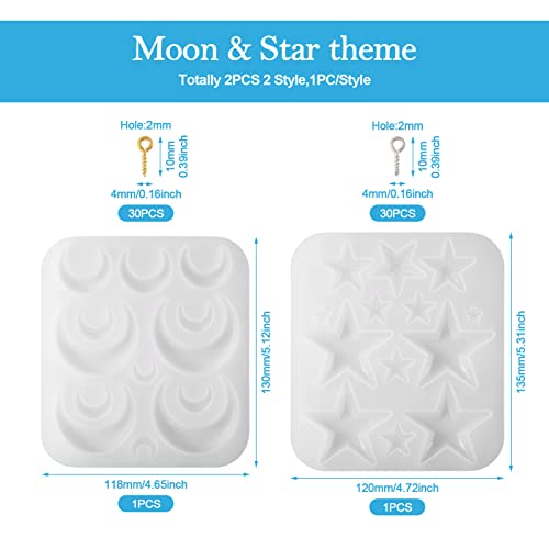 Craftdady 2Pcs Moon Star Pendant Silicone Mold Crescent Moon Resin Jewelry Casting Mold with Screw Eye Pin Peg Bails for DIY Resin Crafts Jewelry Making - color: Whtie, Star & Moon