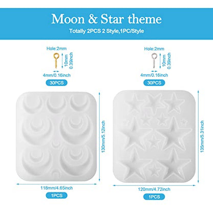 Craftdady 2Pcs Moon Star Pendant Silicone Mold Crescent Moon Resin Jewelry Casting Mold with Screw Eye Pin Peg Bails for DIY Resin Crafts Jewelry Making - color: Whtie, Star & Moon