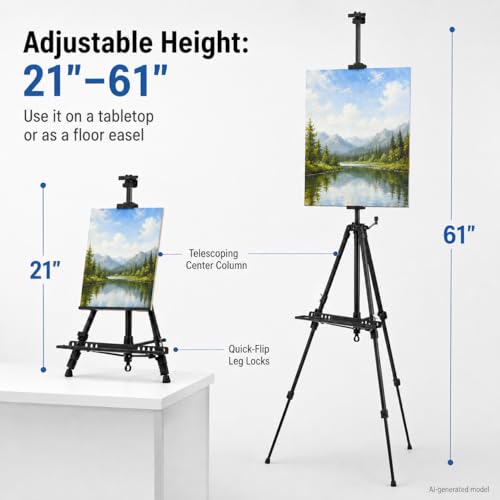 RRFTOK Art Easel Stand for Painting and Sign - Aluminum Metal Artist Tripod Adjustable Easels for Display Height from 21 to 61Inches - Canvas Stand with Paintbrush Tray for Artists Adult Holder - style: 61B 1-Pack