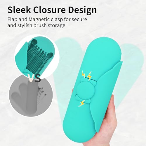 Travel Makeup Brush Holder with Cleaning Pad -Silicone Brush Organizer Case, Magnetic Closure Waterproof Cosmetic Bag for Easy Storage & On-the-Go Cleaning (9.05 Inch) - color: Ocean Blue
