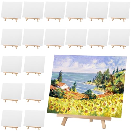 MotiMind 36 Pcs Mini Canvas and Easel Set for Painting, 8 x 10 Inch Canvas Panels with 9 Inch Wooden Easels for Oil Acrylic Painting Christmas Birthday Valentine's Mother's Day Art Crafts Party Favors - size: 8 x 10 Inch