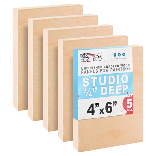 U.S. Art Supply 04" x 06" Unfinished Cradled Wood Panels for Painting, Studio 3/4" Deep (5 Pack) - Artist Depth Birch Wooden Wall Canvases - Mixed-Media Craft, Acrylic, Oil, Encaustic, Paint Pouring - size: 4" x 6"