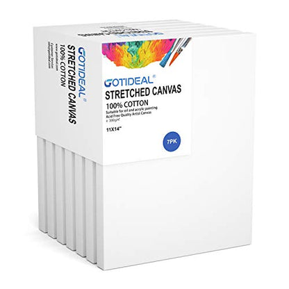 GOTIDEAL Stretched Canvas, 11x14 Inch Set of 7, Primed White - 100% Cotton Artist Canvas Boards for Painting, Acrylic Pouring, Oil Paint Dry & Wet Art Media - color: White, size: 11"x14"