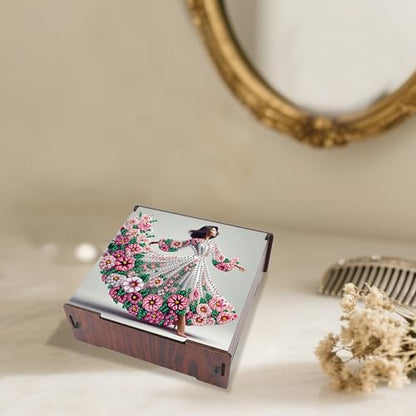 DIY Diamond Art Storage Box, Flower Lady Design Wooden Diamond Painting Case with Flip-Top Lid and 4 Divided Compartments, Desktop Craft, Jewelry and Accessories Supplies Storage Container - color: Flower Lady