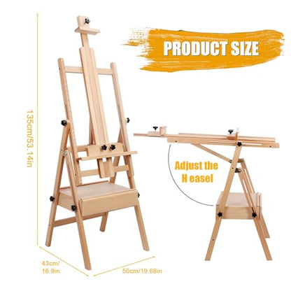 H Frame Easel Stand, Adjustable Beech Wood Studio Artist Painting Easel, Easel, Painting Canvas Holder, Tilts Flat Artist Easel Wooden Color