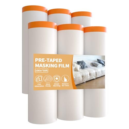 106inch x 50ft Pre-Taped Masking Film (6 Rolls) - Floor to Ceiling Wall Protection - 2-in-1 Painters Tape & Drape for Car Spraying & Home Improvement - size: 106in x 50Ft