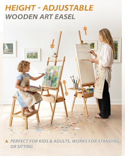 Foldable & Adjustable Wooden Art Easel with Storage Drawer Trays,Beech Wooden Easel for Painting,Artist Easel Stand for Painting,Standing Wood Easel Stand for Adult Student Studio,Stand Up Floor Easel - style: Enhanced Easel