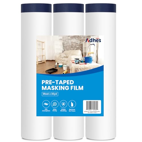 ADHES Painters Plastic with Tape, 102 inch x 90 feet x 3 Rolls Painters Tape with Plastic Attached, Pre Taped Masking Film for Automotive Painting Covering - size: 102inch