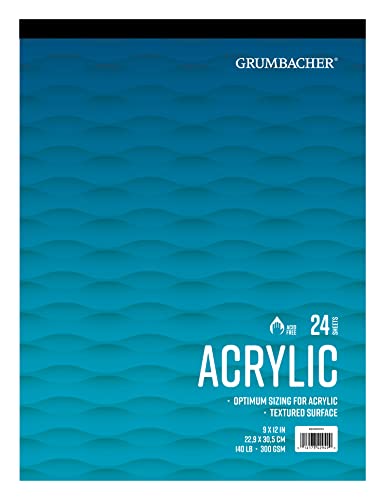 Grumbacher 9" x 12" Acrylic Tape-Bound Paper Pad, 140 lb. / 300 GSM, 24 White Sheets/Pad, 1 Each (460801014) - size: 9 x 12 Inches, Tape Bound, style: 24 Sheets