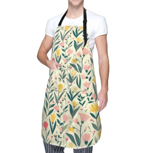 Cream Pastel Wildflower Art Waterproof Apron with Pockets | Garden Aprons for Men Women Adjustable Bib Apron for Cooking Kitchen Baking BBQ Painting Housework Oil Resistant - color: Cream Pastel Wildflower Art