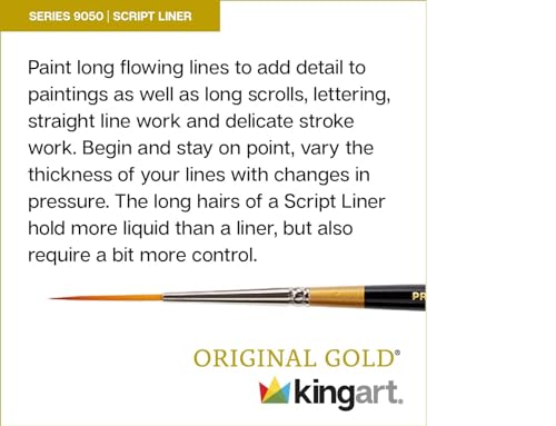 KINGART Original Gold 9050 Script Liner Series, Premium Golden Taklon Multimedia Artist Brushes, Sizes: 18/0, 10/0, 6/0, 2/0, 1, 2, 4, 6, 8, Set of 9