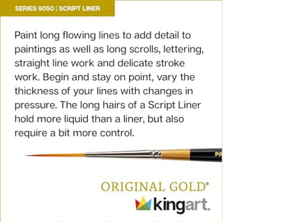 KINGART Original Gold 9050 Script Liner Series, Premium Golden Taklon Multimedia Artist Brushes, Sizes: 18/0, 10/0, 6/0, 2/0, 1, 2, 4, 6, 8, Set of 9