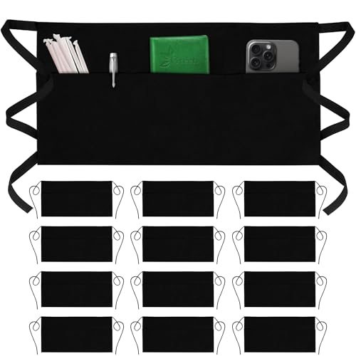 GREEN LIFESTYLE Server Aprons with 3 Pockets - Waist Apron, Waitress Apron for Women and Man, Water Resistant with Long Waist Strap Reinforced Seams, Half Apron (12 Pack - Black) - style: Bistro