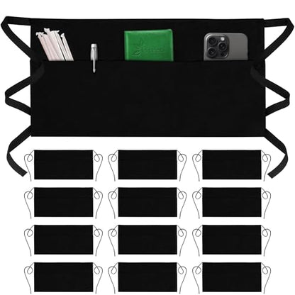GREEN LIFESTYLE Server Aprons with 3 Pockets - Waist Apron, Waitress Apron for Women and Man, Water Resistant with Long Waist Strap Reinforced Seams, Half Apron (12 Pack - Black) - style: Bistro