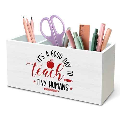 DILSJ Teacher Appreciation Gifts Pen Pencil Holder Organizer for Desk, It's a Good Day to Teach Tiny Humans, World Best Teachers Ever Gifts Wooden Box Signs for Women Classroom Desk Decoration - color: Apple