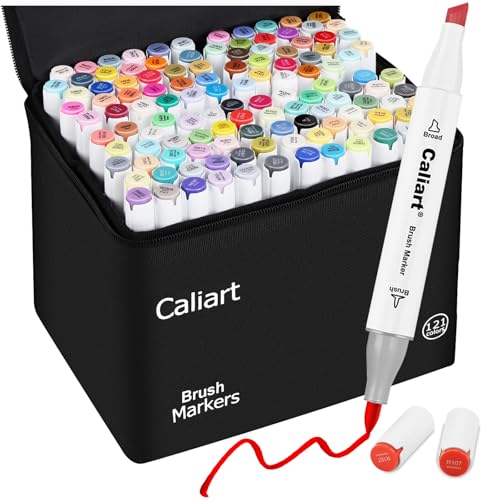 Caliart Alcohol Markers 121 Colors Brush & Chisel Tip Art Markers Pens Set | Permanent Alcohol Brush Markers with Carry Case for Adult Coloring Books Illustration, Artist Drawing & Beginner Sketching - style: Chisel & Brush