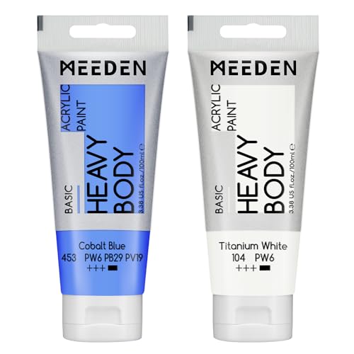 MEEDEN Acrylic Paint Cobalt Blue: 100ml/3.38oz Heavy Body Acrylic Paint Tube Bundled with Additional Titanium White Color for Art Craft Painting - color: Cobalt Blue, size: 2 Tubes