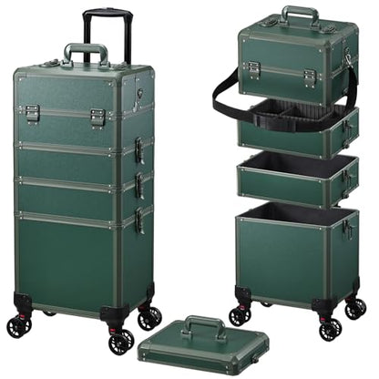 Rolling Makeup Case Makeup Train Case with Lid 5 in 1 Cosmetology Case on Wheels Cosmetic Trolley Organizer Large Makeup Organizers Case Profesional Cosmetic Case for Salon Barber Nail Beauty, Green - color: Green