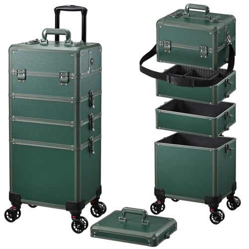 Rolling Makeup Case Makeup Train Case with Lid 5 in 1 Cosmetology Case on Wheels Cosmetic Trolley Organizer Large Makeup Organizers Case Profesional Cosmetic Case for Salon Barber Nail Beauty, Green - color: Green