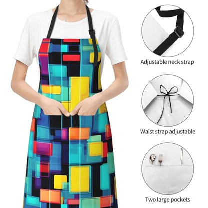 Round watercolor painting Heavy Duty Waterproof Apron with Pockets for AdultsResistant Grilling, Gardening, Painting - color: Square Geometry Diagram