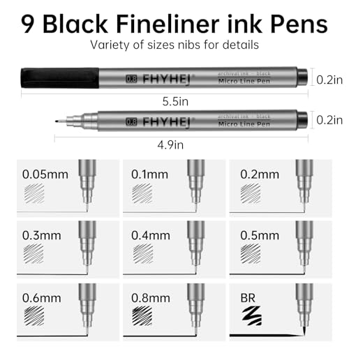 Micro Fineliner Drawing Art Pens: 9 Black Fine Line Ink Set Artist Supplies Archival Inking Markers Liner Professional Sketch Outline Anime Sketching Artist Illustration Watercolor