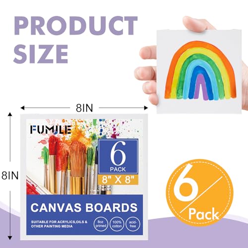 FUMILE Canvas Boards for Painting 8x8, 6 Pack Canvases for Painting Primed Acid Free Blank Canvas Panels for Painting Canvas for Classroom and Painting Parties. - size: 8x8in