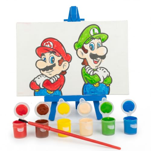 Super Mario Canvas Painting Kit for Kids, 3 Preprinted Mini Canvases for Painting, Easel, 6 Paint Pots and Brush, Acrylic Paint Set for Children - color: Super Mario