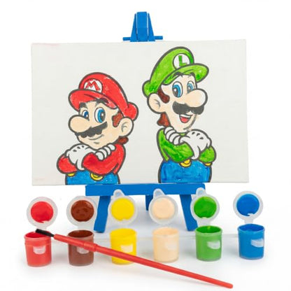 Super Mario Canvas Painting Kit for Kids, 3 Preprinted Mini Canvases for Painting, Easel, 6 Paint Pots and Brush, Acrylic Paint Set for Children - color: Super Mario