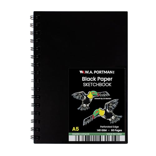 WA Portman Black Paper Sketchbook A5 (6" x 8.25") – 140 GSM Acid-Free Black Paper Notebook, 60 Pages (30 Sheets) Spiral Scrapbook Journal, Mixed Media Sketch Drawing Pad for Kids & Adults - size: A5 Single