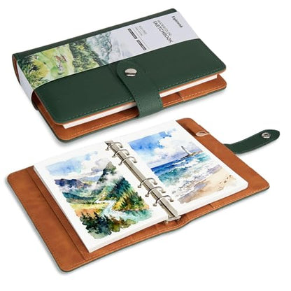 Lightwish Watercolor Sketchbook Refillable 100% Cotton, 300gsm (140lb) - 6.69" x 3.94" Hot Press Watercolor Paper Journal Notebook - 20 Sheets with PU Leather Cover for Drawing Mixed Media - color: green