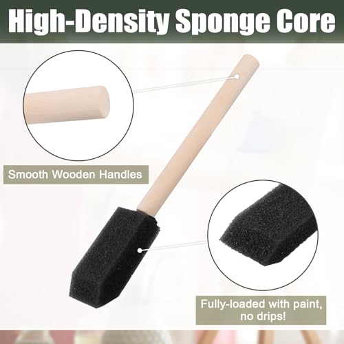 ZUFECY 60pc 1 inch Foam Brushes, Wood Handle Sponge Applicators for Staining, Varnishing, Crafts & DIY Projects (Wood/Plastic Surfaces)