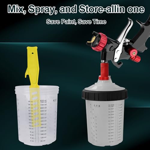 Disposable Paint Sprayer Gun Cup 27 Ounce(800ML) Kit with 30 Cups and Lids System, 1 Hard Cup with Retainer Ring, 6 Plugs, 1 Paint Stirrer for Automotive Commercial Coatings (27 Ounce-30PCS) - size: 27 Ounce-30PCS)