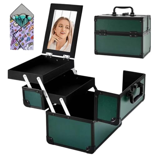 Makeup Train Case, Portable Makeup Case with Mirror, 2-Trays Cosmetic Organizer Case,Nail Polish Organizer, Travel Makeup Box, Profesional for Salon Barber, Green - color: Green