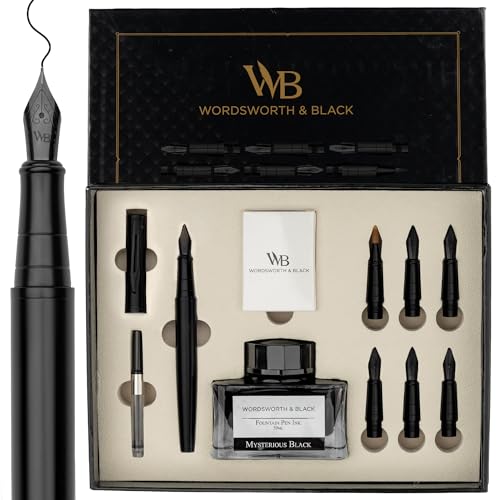 Wordsworth & Black Calligraphy Pen Gift Set, Includes Ink Bottle, 6 Ink Cartridges, A Refill Converter, 6 Replacement Nibs, Journaling, Smooth Writing Pens [All Black] - color: All Black