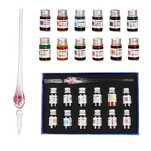 Glass Pen Set Calligraphy Dip Pens,12 Colorful Inks,Caligraphy Sets for Art, Writing, Signature, Decoration, Gift - color: Sofflower