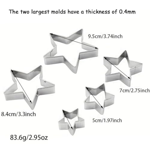 MrCookie Star Cookie Cutters Set,5pc Thickened Stainless Steel. | Sturdy stainless steel,food-grade.5 sizes 1.57-3.74in.For cookies,sandwiches,holiday.