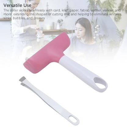 FAUOSWUK Rubber Roller Tool, Silicone Roller and Tweezers Kit, Boat Flooring Install Printmaking Painting Stamping Wallpaper Gluing for Bubble Removal, Gripping and Lifting Threads (Pink) - color: Pink