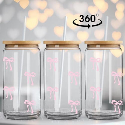 Coquette Cute Pink Bow Glass Cups with Lids and Straws, Aesthetic Iced Coffee Matcha Cup, Girly Preppy Design Tumbler Mug, Valentines Christmas Birthday Gifts for Women, Teen Girl Gifts Trendy Stuff - color: 01-Bow-Pink