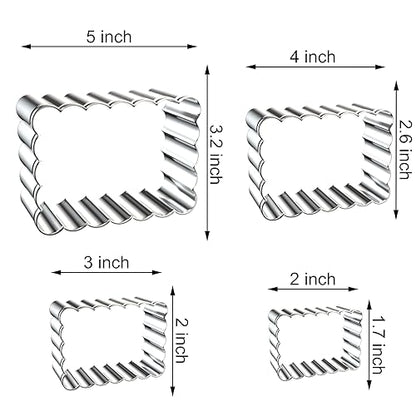 Rectangle Cookie Cutter Set with Scalloped Edge Assorted Sizes - 5 Inch, 4 Inch, 3 Inch, 2 Inch - Fluted Edge Plaque Frame Rectangluar Cookie Cutters Shapes Fondant Molds - Stainless Steel - style: Rectangle