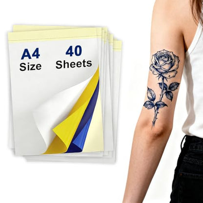 Tattoo Transfer Paper – A4 Size, 40 Sheets – Tattoo Stencil Paper for Thermal Tattoo Transfer Kit – Carbon Copy Tracing Paper for Machine & Hand Use – Tattoo Supplies - size: 40 sets